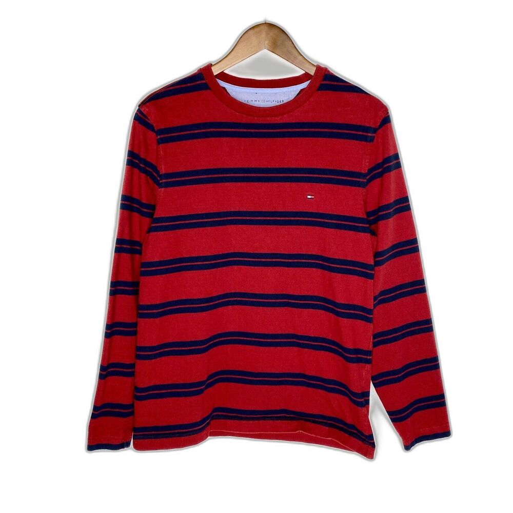 Tommy Hilfiger Mens Pullover Sweater Medium Striped Crew Neck Red Long Sleeve